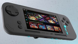 Evercade EXP-R; a black handheld retro console